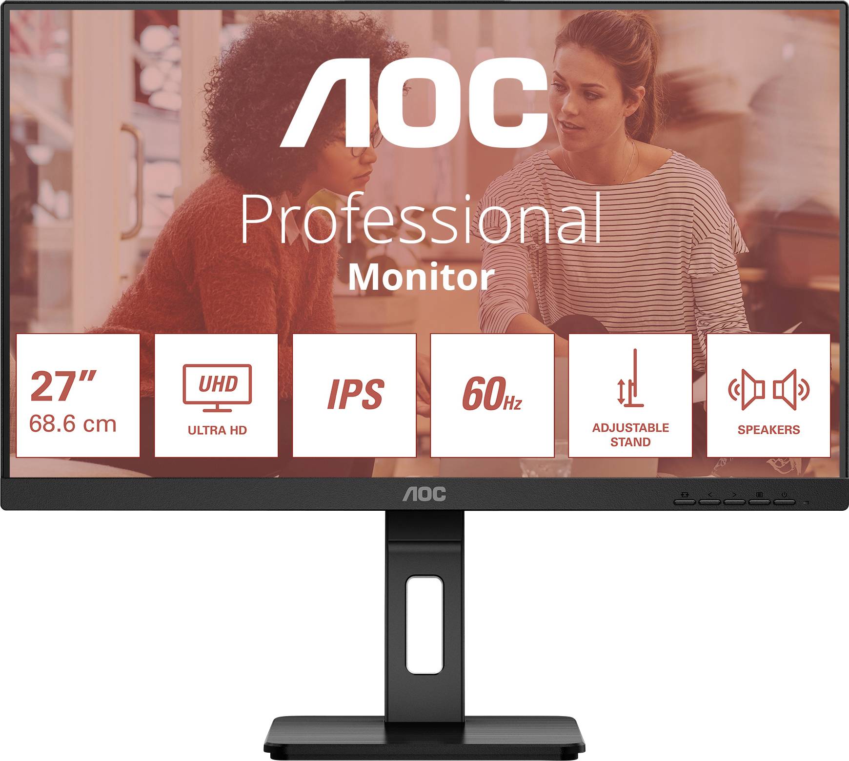 Monitoranzeige mit Text: 'AOC Professional Monitor', '27”', 'UHD', 'IPS', '60Hz', 'Adjustable Stand', 'Speakers'. Zwei Personen im Hintergrund.