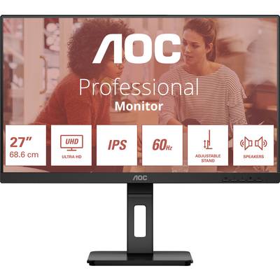 Monitoranzeige mit Text: 'AOC Professional Monitor', '27”', 'UHD', 'IPS', '60Hz', 'Adjustable Stand', 'Speakers'. Zwei Personen im Hintergrund.