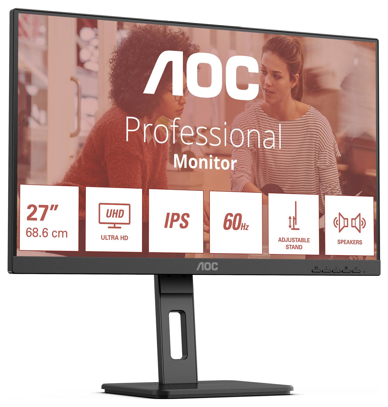 Ein Computermonitor von AOC mit 27 Zoll, UHD, IPS-Technologie, 60 Hz, verstellbarem Ständer und integrierten Lautsprechern.