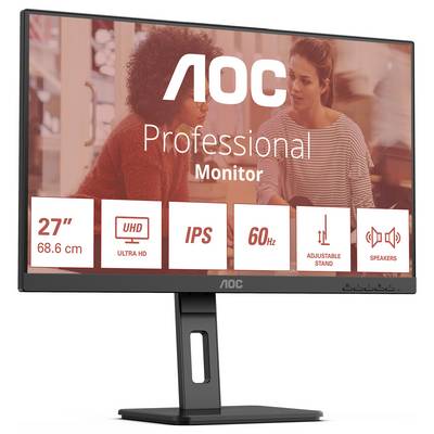 Ein Computermonitor von AOC mit 27 Zoll, UHD, IPS-Technologie, 60 Hz, verstellbarem Ständer und integrierten Lautsprechern.