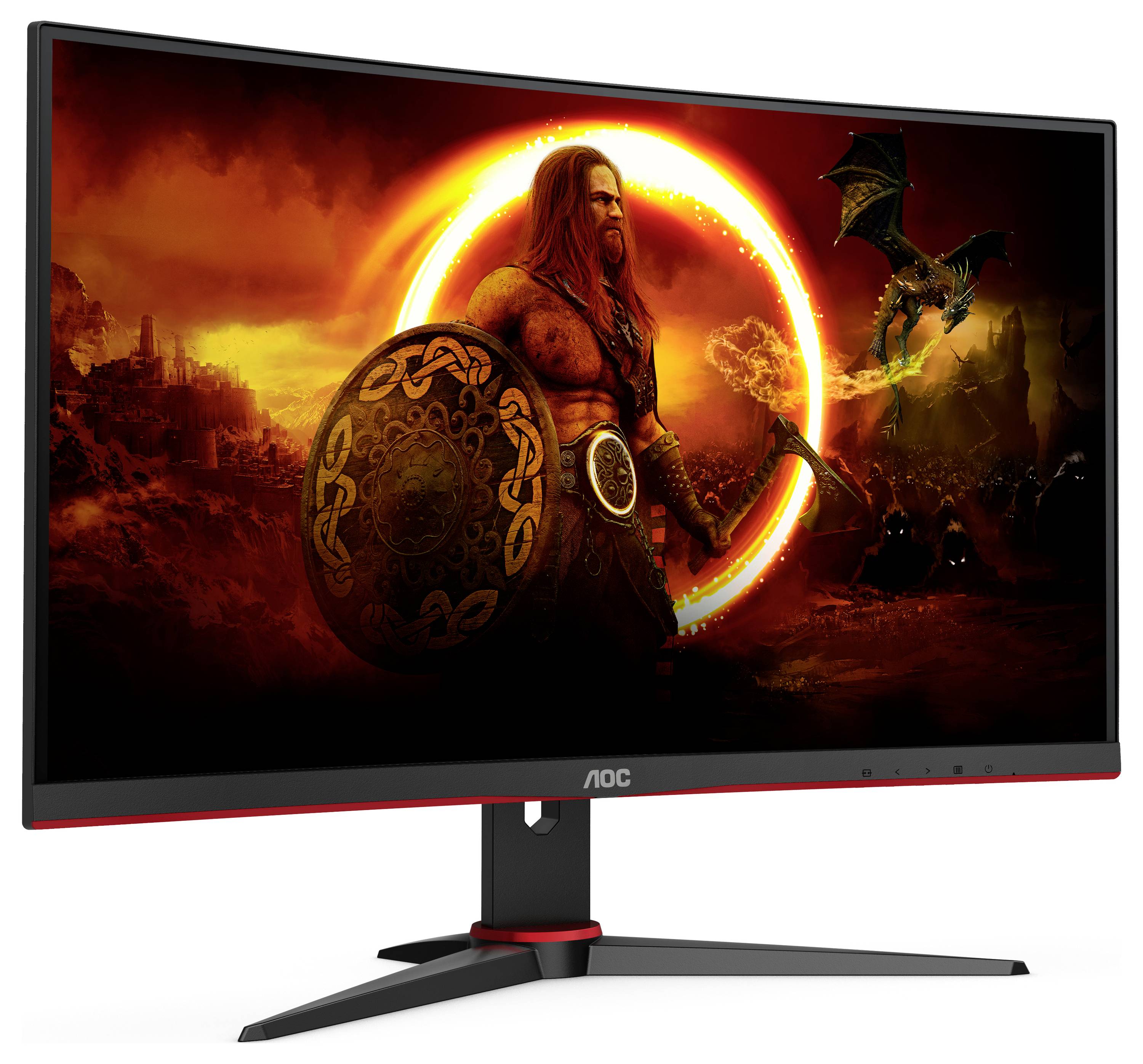 Ein Gaming-Monitor zeigt eine Illustration eines Kriegers mit Axt und Schild, umringt von einem leuchtenden Kreis und einem Drachen im Hintergrund.