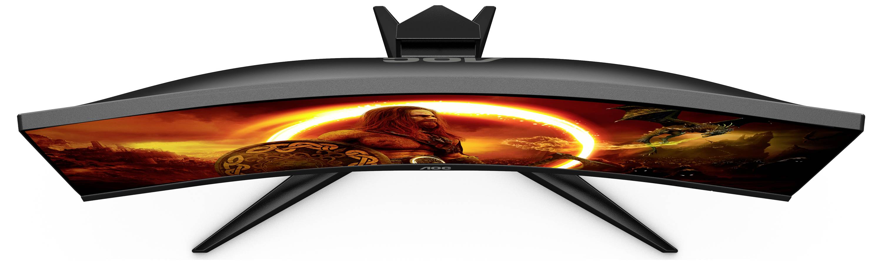 Gebogener Computerbildschirm zeigt ein Videospiel mit einer kriegerischen Figur mit Schild und Drachen im brennenden Hintergrund.