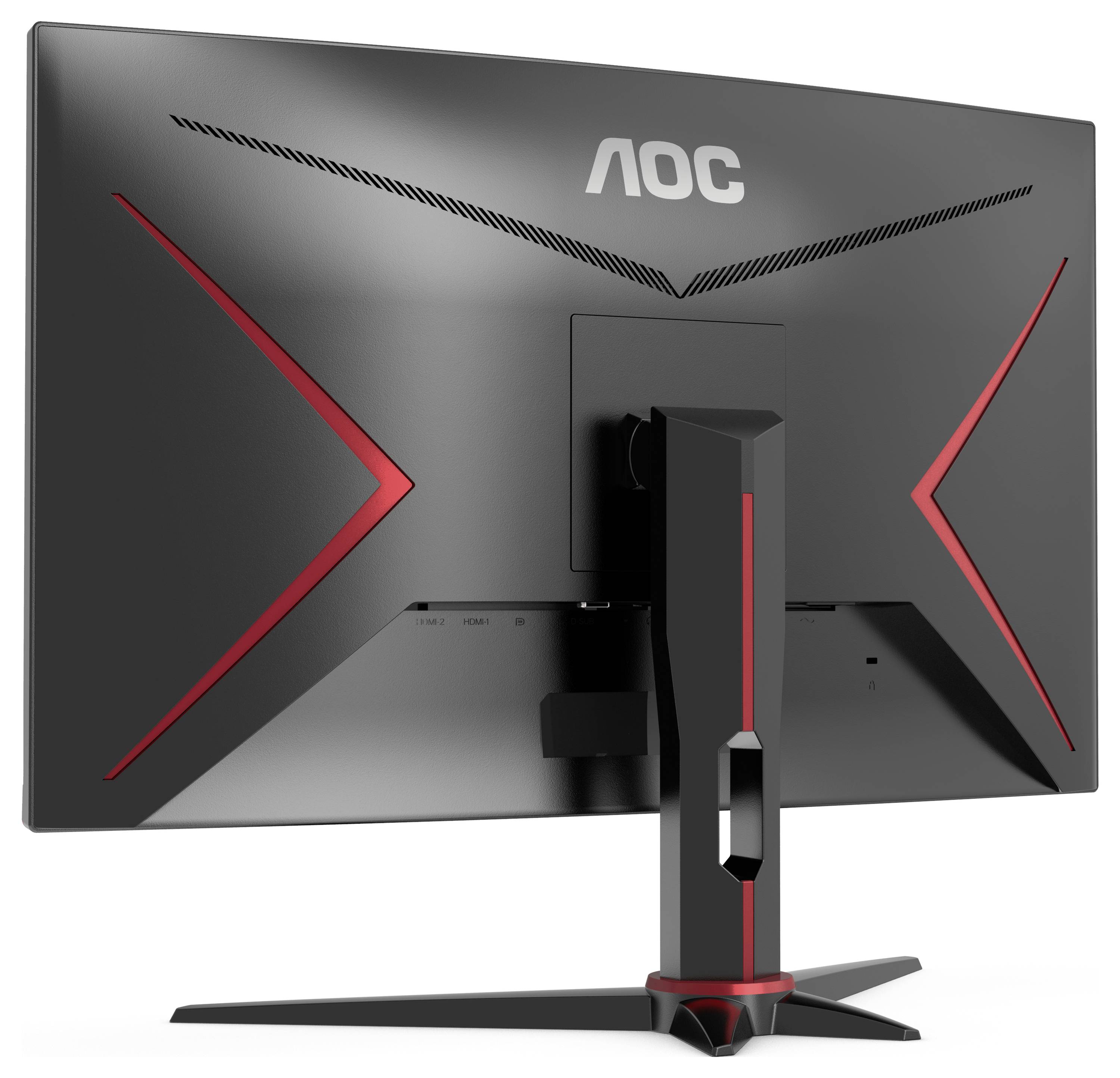 Ein schwarzer AOC-Monitor mit roten Akzenten, von hinten gesehen. Er hat ein futuristisches Design und steht auf einem robusten Standfuß.