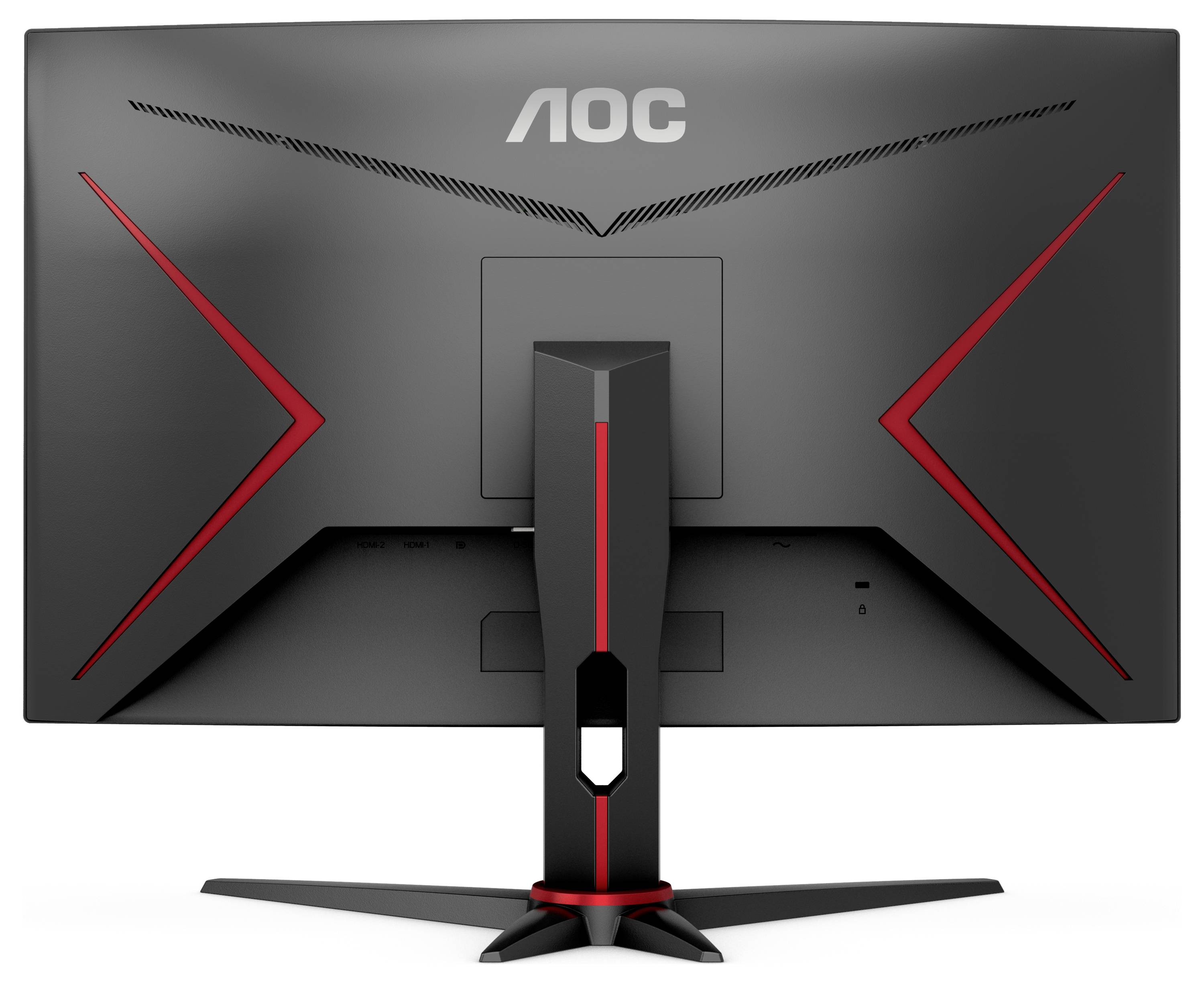 Rückansicht eines schwarzen AOC-Monitors mit rotem Akzent und V-förmigem Standfuß.
