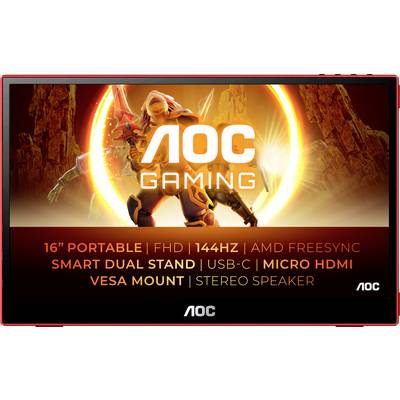 'AOC Gaming Monitor; tragbar, 16 Zoll, FHD, 144Hz, AMD FreeSync, Smart Dual Stand, USB-C, Micro HDMI, VESA Mount, Stereo Lautsprecher.'