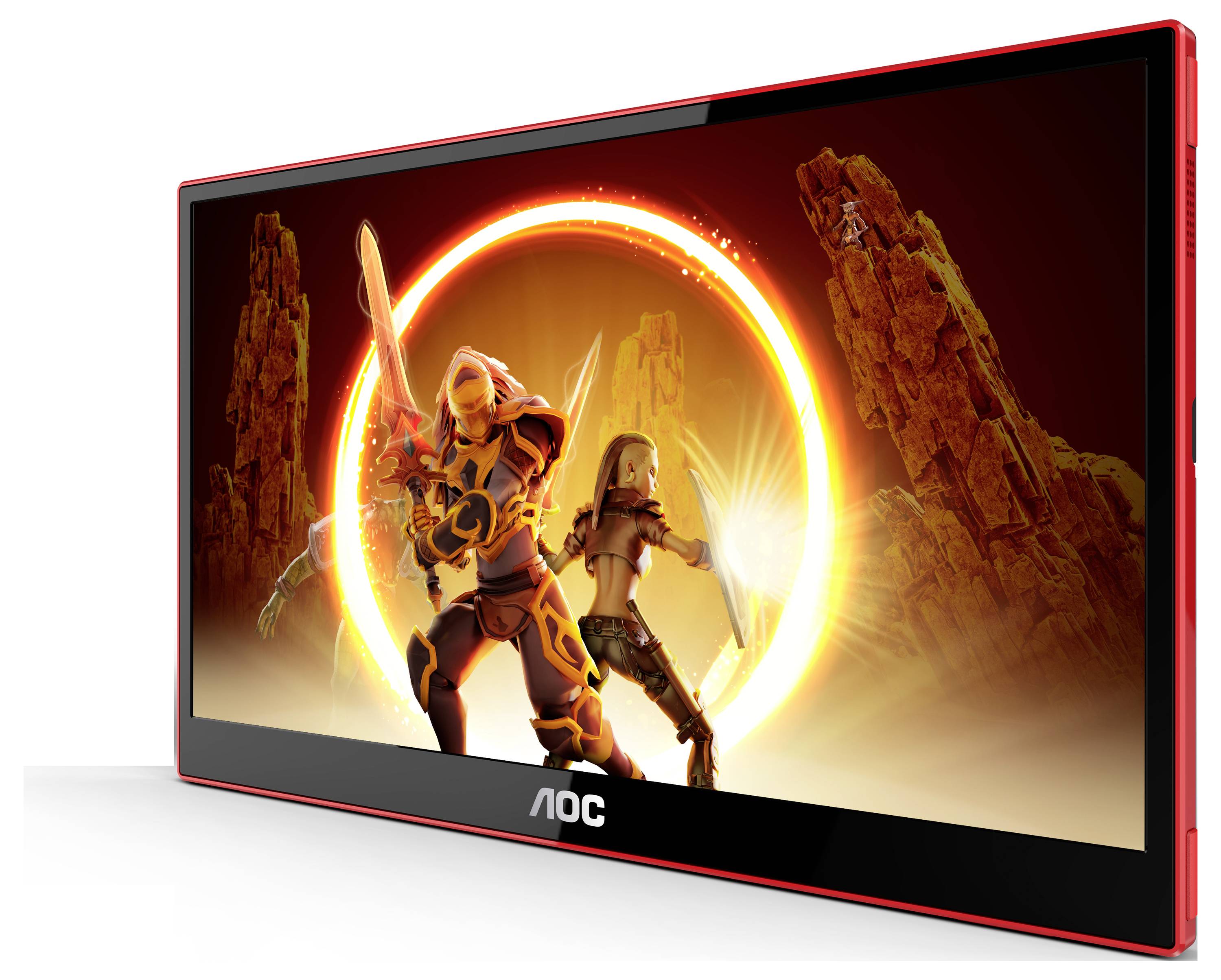 Ein Gaming-Monitor mit einer digitalen Szene: Zwei futuristisch ausgestattete Kämpfer vor einem leuchtenden Kreis in felsiger Umgebung.