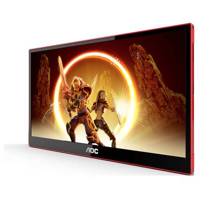 Ein Gaming-Monitor mit einer digitalen Szene: Zwei futuristisch ausgestattete Kämpfer vor einem leuchtenden Kreis in felsiger Umgebung.