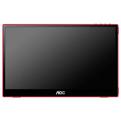 Flacher AOC-Monitor mit rotem Rahmen und schwarzem Bildschirm.