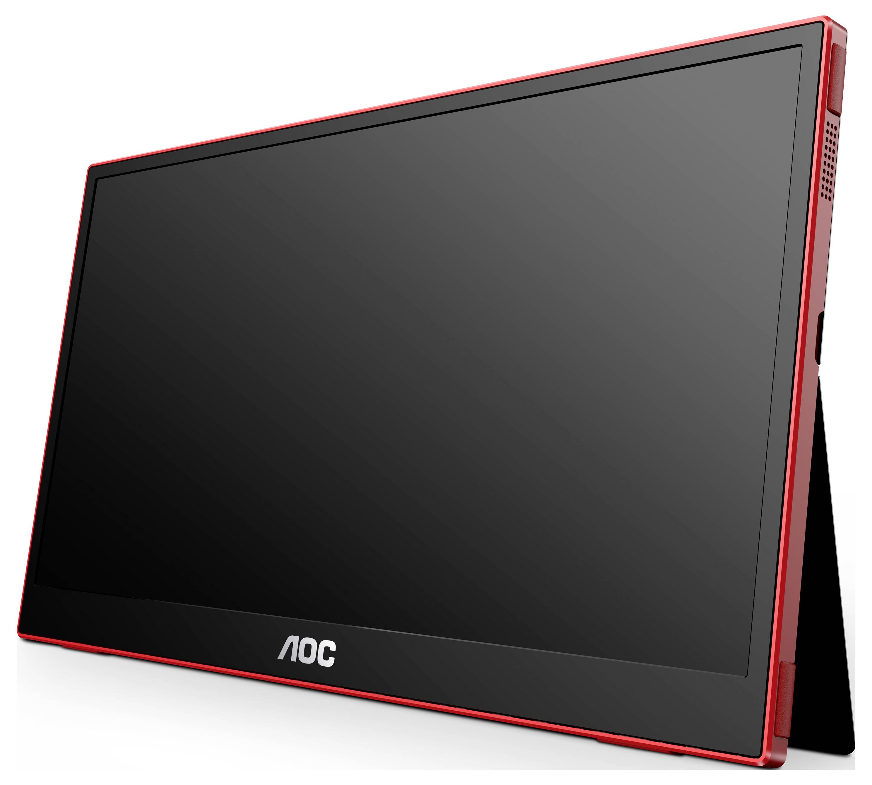 Tragbarer Monitor mit schwarzem Bildschirm und rotem Rahmen, Marke AOC. Der Monitor steht auf einem schwarzen Standfuß.