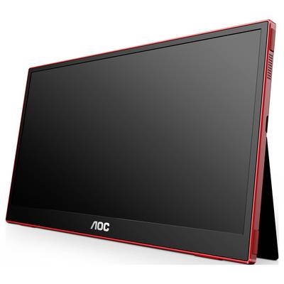 Tragbarer Monitor mit schwarzem Bildschirm und rotem Rahmen, Marke AOC. Der Monitor steht auf einem schwarzen Standfuß.