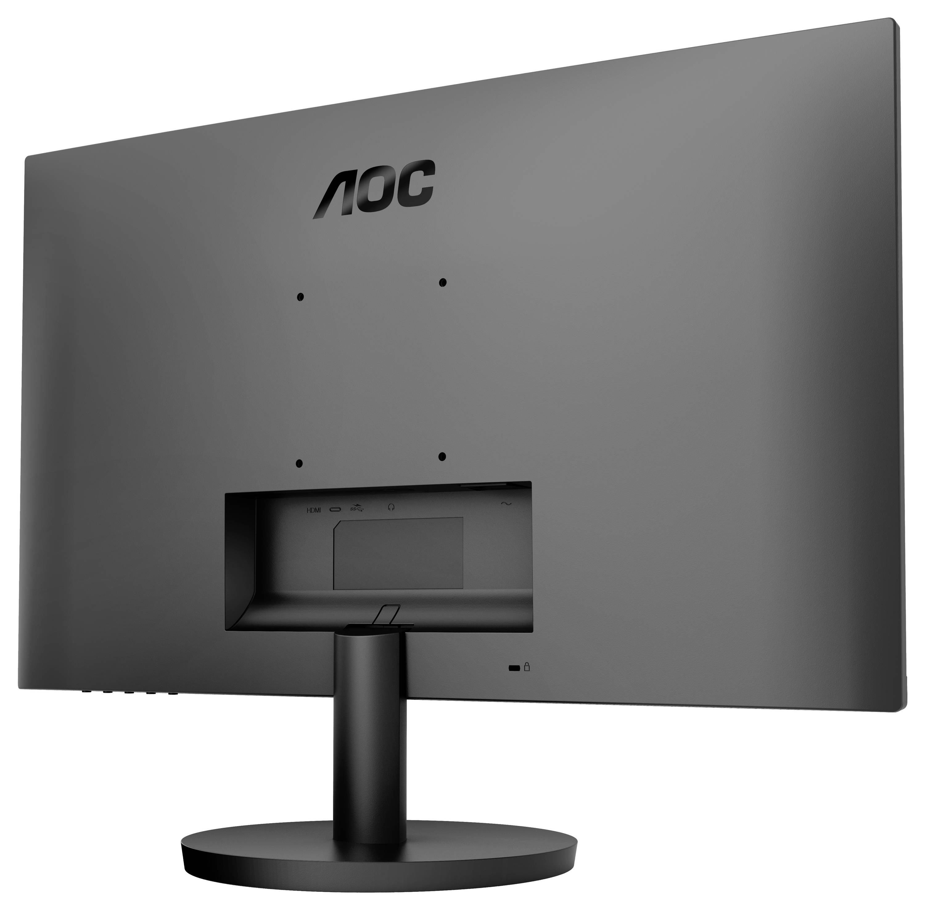 Ein schwarzer Computermonitor von AOC, Rückansicht mit runder Basis, zeigt keine sichtbaren Anschlüsse oder Kabel.