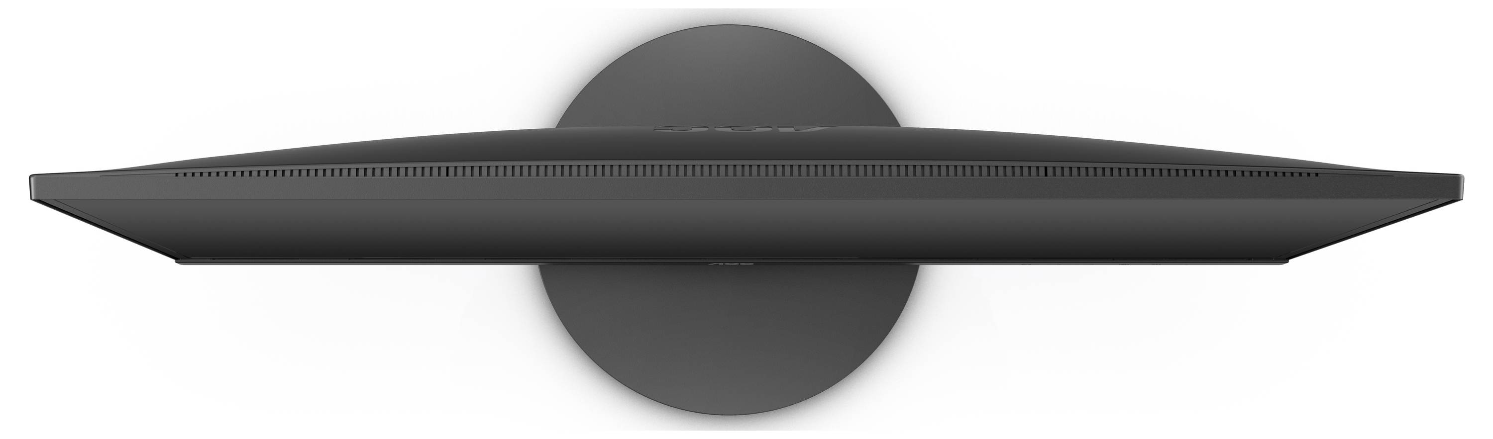 'Ansicht eines dünnen, schwarzen Monitors von oben. Der Bildschirm hat ein gebogenes Design, das sich für ein modernes Setup eignet.'