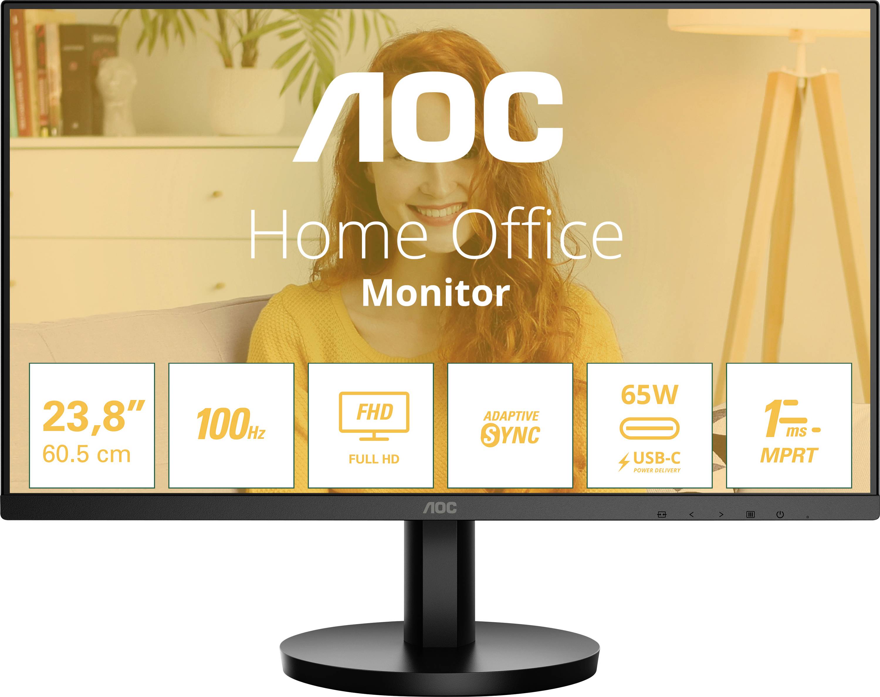 Ein Monitor, der als 'Home Office Monitor' beworben wird, zeigt Spezifikationen: 23,8 Zoll, 100 Hz, Full HD, Adaptive Sync, 65W, 1ms Reaktionszeit.