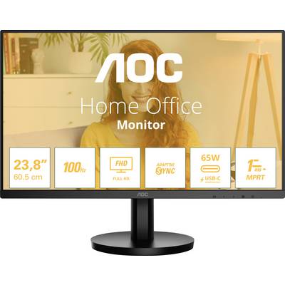 Ein Monitor, der als 'Home Office Monitor' beworben wird, zeigt Spezifikationen: 23,8 Zoll, 100 Hz, Full HD, Adaptive Sync, 65W, 1ms Reaktionszeit.