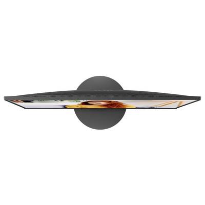 Ansicht eines flachen, schwarzes Computer Monitors von oben. Bildschirm zeigt eine Person.