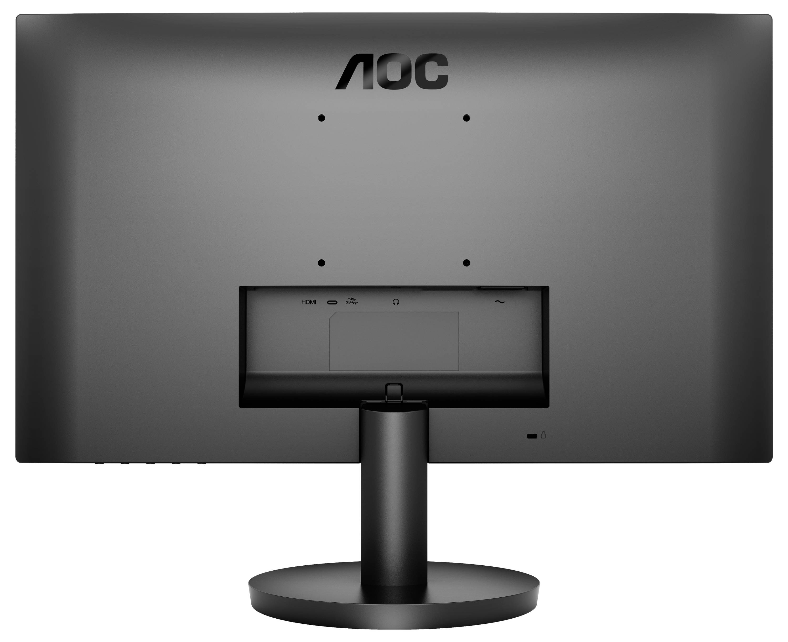 Ein schwarzer Computermonitor von hinten, zeigt Steckeranschlüsse und Kabelhalterung. Markenname oben sichtbar.
