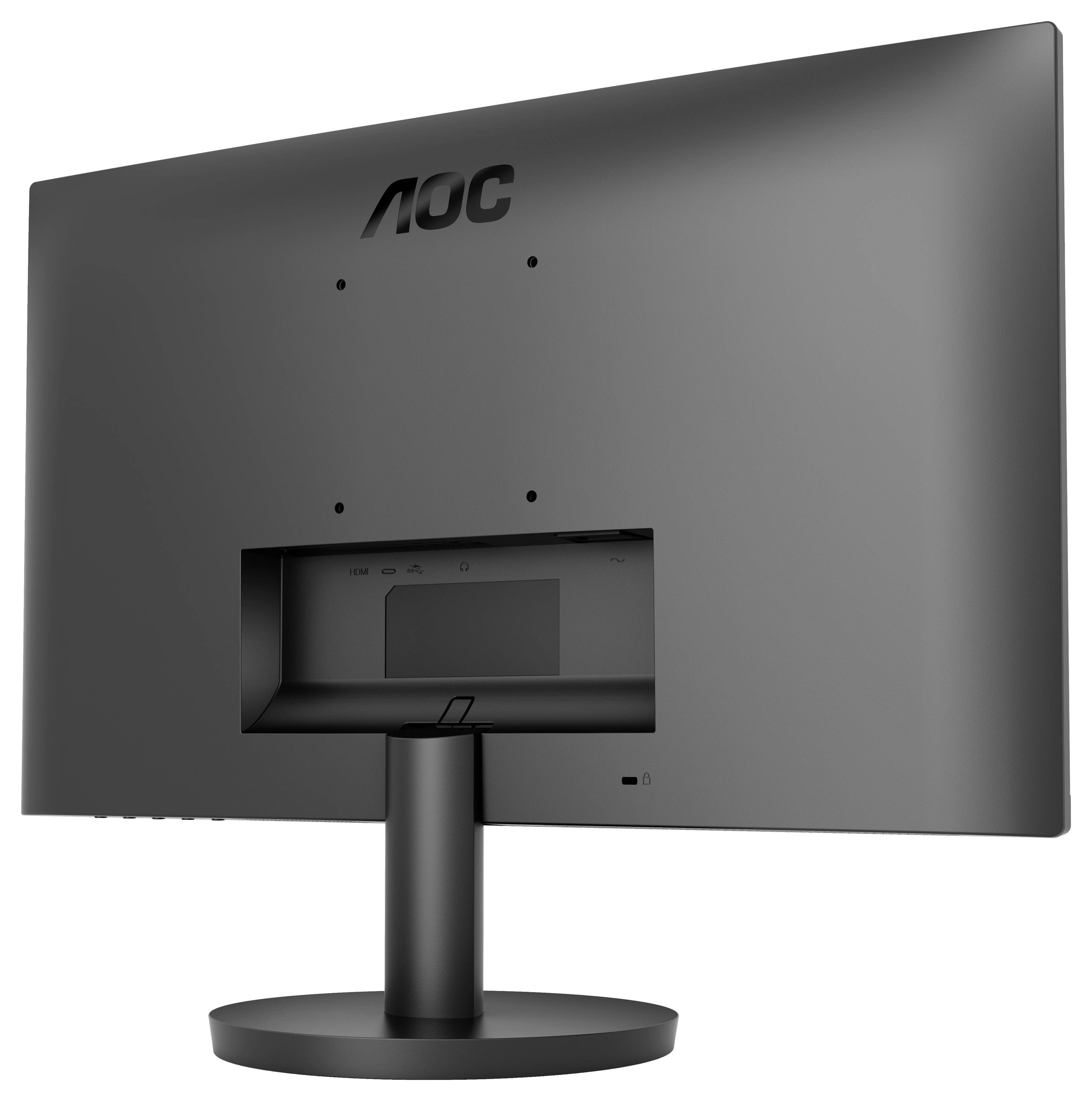 Der Monitor zeigt die Rückseite eines schwarzen Bildschirms mit einem runden Standfuß und Halterungen für Wandmontage.