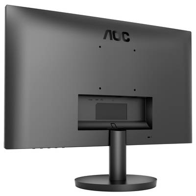 Ein schwarzer Computermonitor von AOC von hinten gezeigt, ohne sichtbaren Standfuß oder Kabel, auf einem kreisförmigen Sockel montiert.