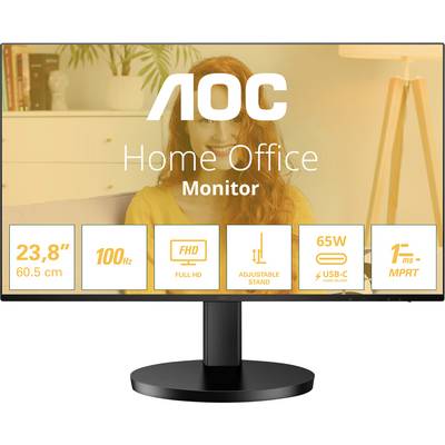Bild eines Computerbildschirms von AOC. Text: 'Home Office Monitor'. Eigenschaften: 23,8" Display, 100Hz, Full HD, verstellbarer Stand, USB-C, 65W, 1ms Reaktionszeit.