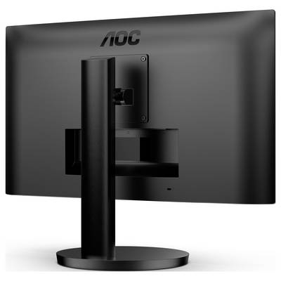 Ein schwarzer Computermonitor von AOC, Rückansicht. Der Monitor steht auf einem runden Standfuß und hat eine verstellbare Halterung.