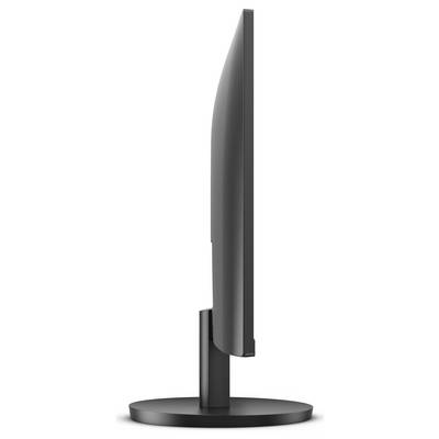 Ein moderner, schlanker Computermonitor im Profil, schwarz, auf einem runden Standfuß montiert. Ideal für minimalistische Arbeitsplätze.