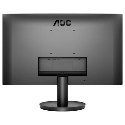 Rückseite eines schwarzen AOC-Monitors mit sichtbaren Anschlüssen und Standfuß.