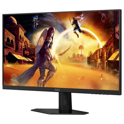 Ein Computermonitor zeigt ein farbenfrohes Sci-Fi-Spiel mit einem Krieger und Fantasiewesen in einer Wüstenstadt im Hintergrund.