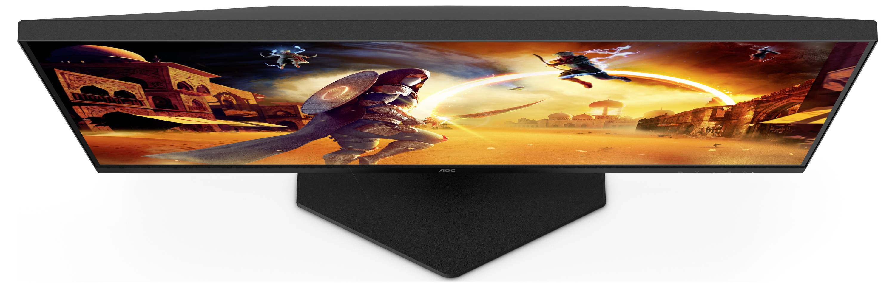 Ein Monitor mit einem Gaming-Bildschirm, zeigt eine futuristische, actionreiche Szene mit Kriegern und fliegenden Objekten.