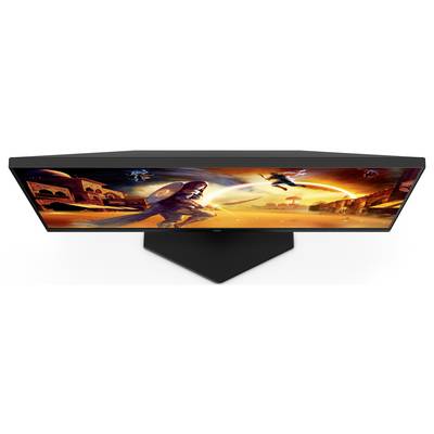Ein Monitor mit einem Gaming-Bildschirm, zeigt eine futuristische, actionreiche Szene mit Kriegern und fliegenden Objekten.