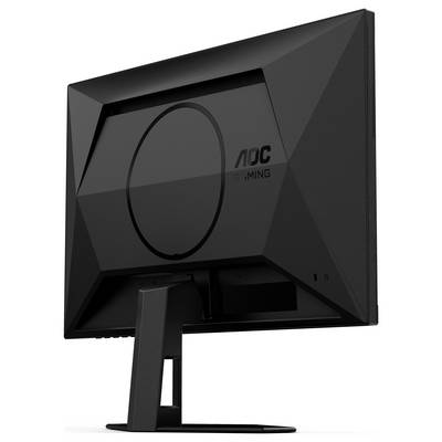 Ein schwarzer Gaming-Monitor von AOC, Rückansicht mit geometrischem Design und stabilem Standfuß.