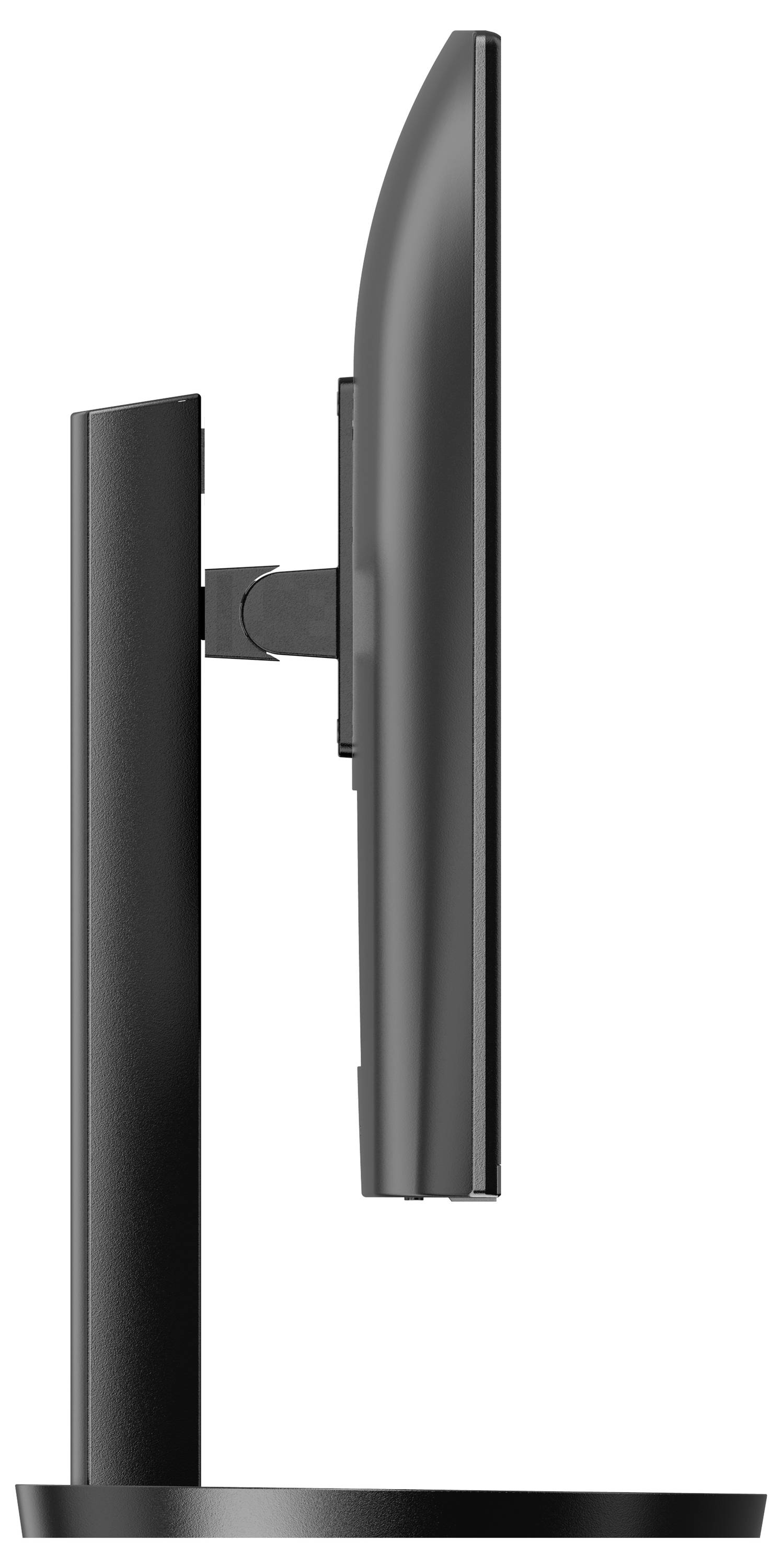 'Seitliche Ansicht eines schwarzen Computermonitors mit schlankem Design und verstellbarem Standfuß.'