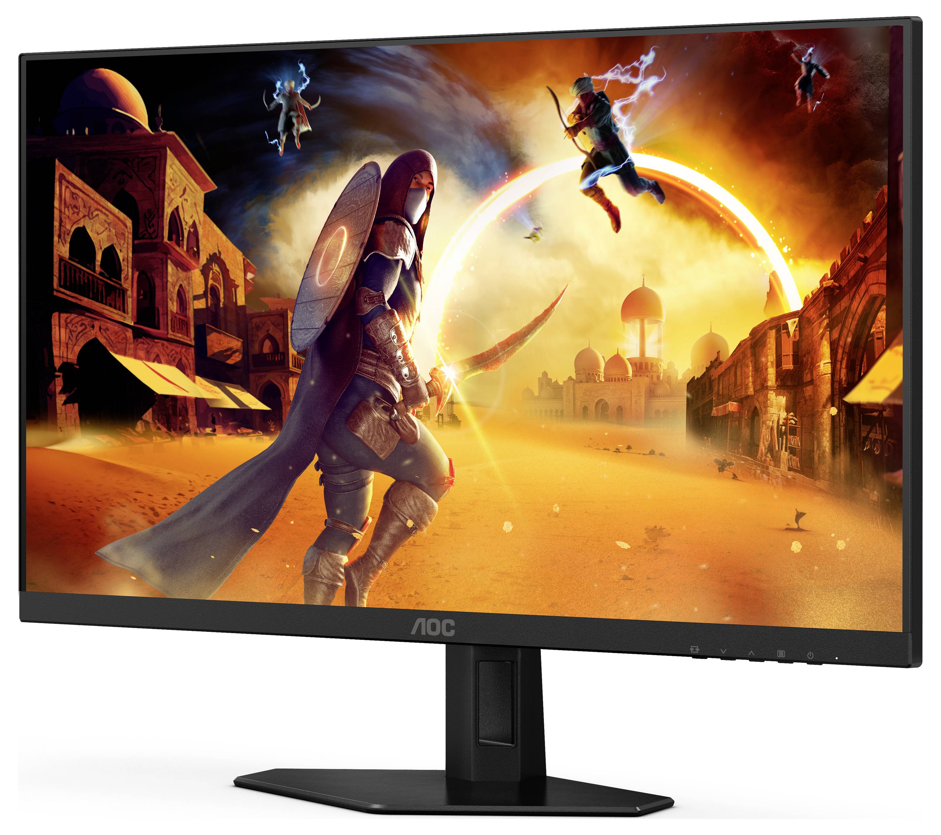 Ein Monitor zeigt eine Szene aus einem Videospiel mit Kriegern und einer Stadt im Hintergrund, umgeben von leuchtend orangefarbenem Himmel.