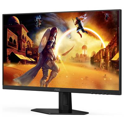 Ein Monitor zeigt eine Szene aus einem Videospiel mit Kriegern und einer Stadt im Hintergrund, umgeben von leuchtend orangefarbenem Himmel.
