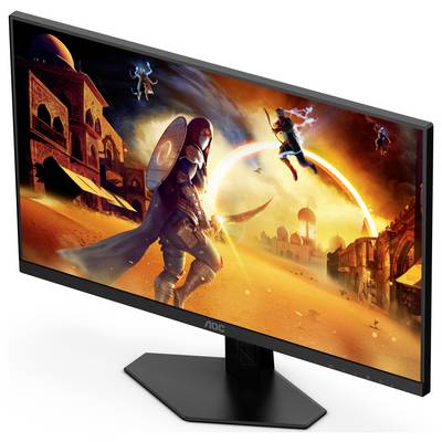 Ein Computermonitor zeigt ein grafisches Fantasy-Bild mit zwei Kriegern in einer Wüstenlandschaft und einer mittelalterlichen Stadt.