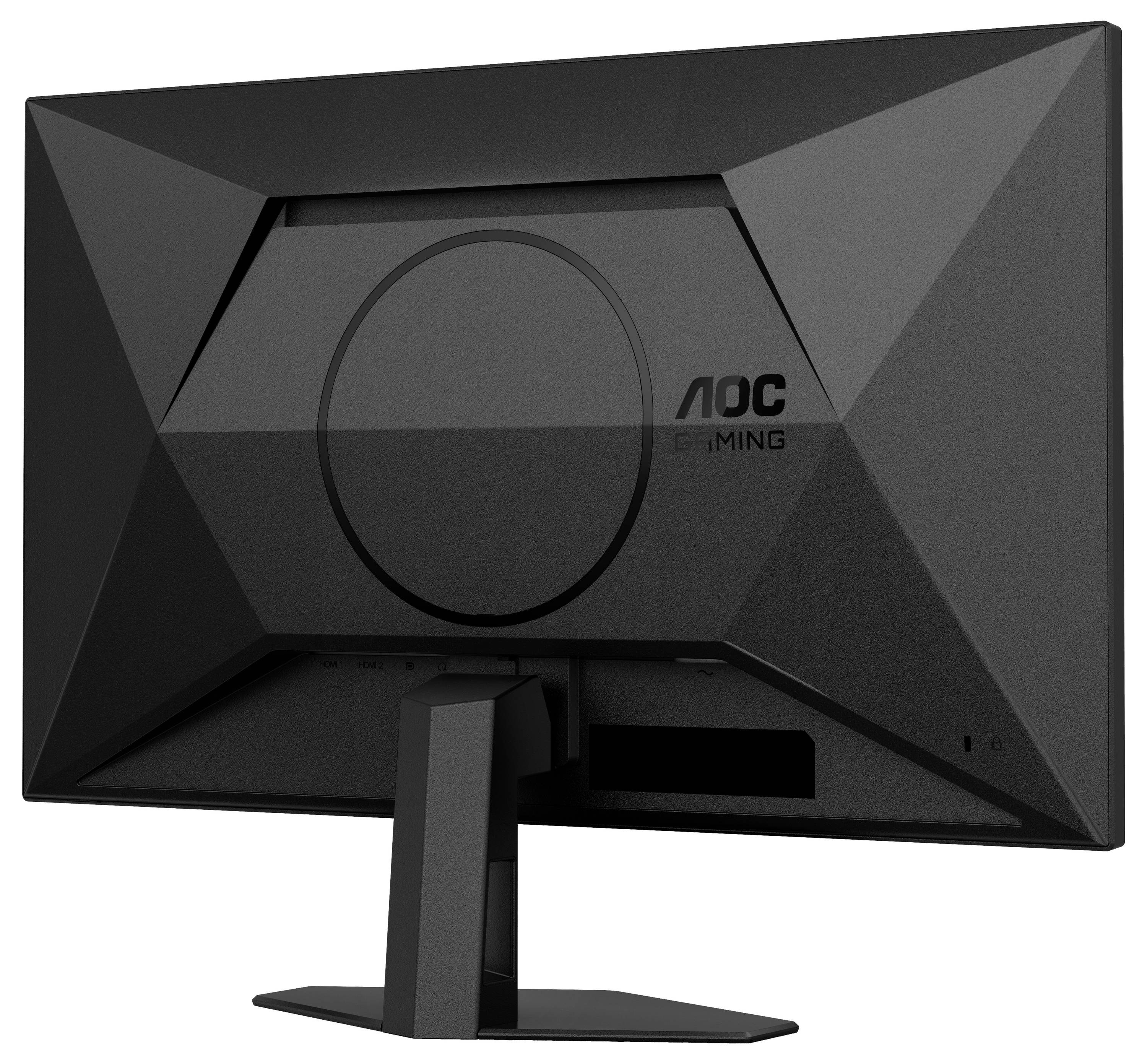 Ein schwarzer Computermonitor der Marke AOC, Rückansicht. Der Bildschirm steht auf einem rechteckigen Standfuß. Im Hintergrund keine Details.