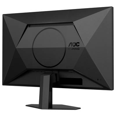 Ein schwarzer Computermonitor der Marke AOC, Rückansicht. Der Bildschirm steht auf einem rechteckigen Standfuß. Im Hintergrund keine Details.