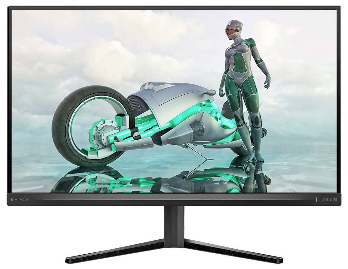 Ein futuristisches Motorrad und eine Person in einem High-Tech-Anzug stehen auf einer Glasoberfläche unter bewölktem Himmel.