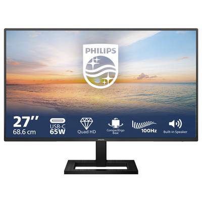 27-Zoll-Philips-Monitor, USB-C, Quad HD, integriertem Lautsprecher, 100Hz, am Strand bei Sonnenuntergang abgebildet, mit Markenlogo.