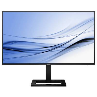 Ein schwarzer Computerbildschirm mit einem blauen, abstrakten Hintergrundmuster; modernes, schlankes Design.