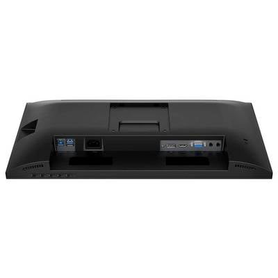 Rückseite eines Computerbildschirms mit mehreren Anschlüssen: HDMI, VGA, USB, Stromanschluss. Geeignet für verschiedene Verbindungstypen.