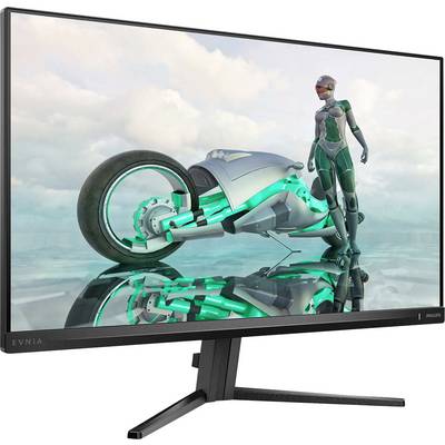 Ein Monitor zeigt eine futuristische Szene mit einem stilisierten Motorrad und einer in Raumanzug gekleideten Person auf einer reflektierenden Oberfläche.