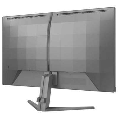 Grauer Computermonitor von hinten, mit modernem, schmalem Design und rechteckigem Standfuß.