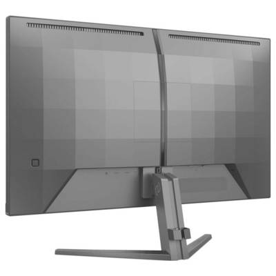 Ein moderner, stilvoller Computermonitor in Grau mit schmalem Rahmen und robustem Standfuß, von der Rückseite gesehen.