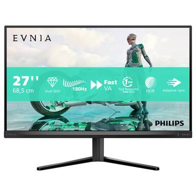 Ein Philips-Monitor zeigt eine futuristische Figur auf einem Motorrad vor einem Wolkenhimmel. Der Bildschirm bewirbt 27" Größe und 180Hz.