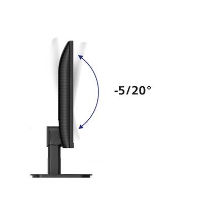 Ein Monitor im Profil, der um -5 bis 20 Grad nach hinten geneigt werden kann. Ein Pfeil zeigt den Neigungsbereich an.