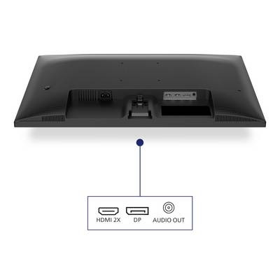'Rückseite eines Monitors mit Anschlüssen: 2 HDMI, 1 DisplayPort, 1 Audioausgang. Darunter sind die Bezeichnungen für jeden Anschluss.'