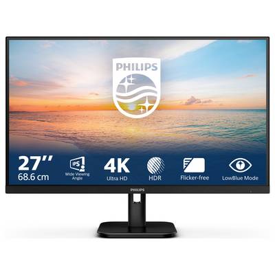 Ein 27-Zoll-4K-Monitor von Philips zeigt ein Sonnenuntergangsbild über dem Meer. Die Symbole betonen Ultra HD, HDR, blickwinkelstabil und flickerfrei.