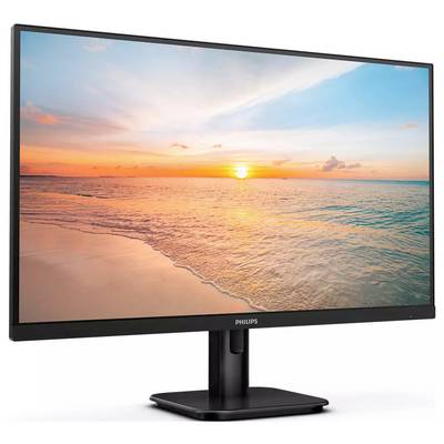 Ein PC-Monitor zeigt einen Sonnenuntergang über einem ruhigen Strand, mit einem klaren Himmel und sanften Wellen im Meer.