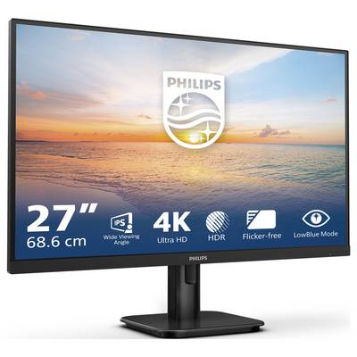 Ein 27-Zoll Philips-Monitor zeigt ein farbenfrohes Meeresbild bei Sonnenuntergang. Symbole darunter zeigen 4K, IPS, HDR, flimmerfrei.