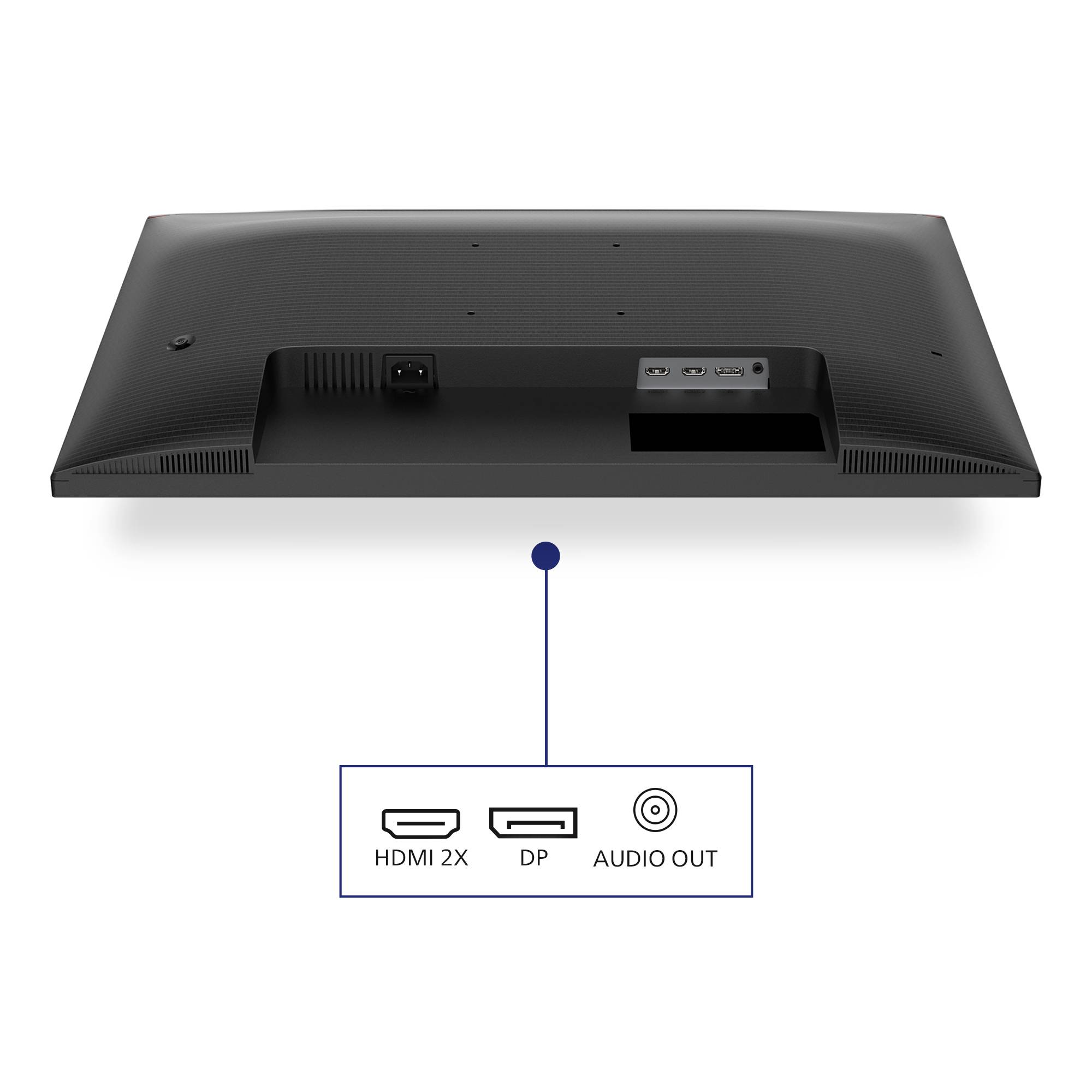 Rückseite eines Monitors mit Anschlüssen: 2x HDMI, DP und Audio Out.